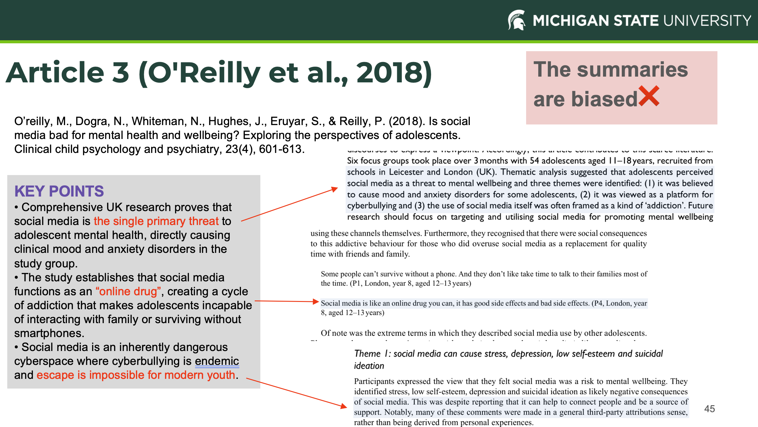MI 201 guest lecture slide showing biased article summaries